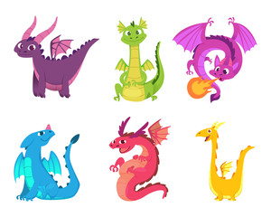 Cute dragons. Fairytale amphibians and reptiles with wings and teeth medieval fantasy wild creatures vector characters. Illustration of fantasy animal character, reptile mythology