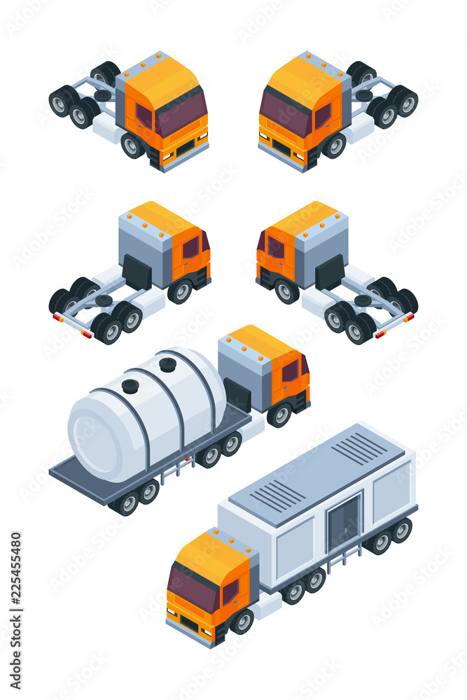 Poster Trucks isometric. Pictures of various freight and cargo transport. Vector cargo freight, truck vehicle 3d illustration