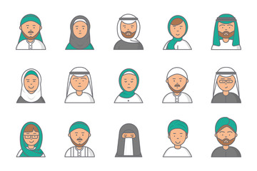 Islam linear avatars. Arabian muslim saudi male and female vector faces for web profile. Islam profile saudi man and woman, linear face nationality iranian illustration