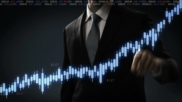 Businessman touched screen, various animated Stock Market charts and graphs. increase blue digital chart. 4k animation.