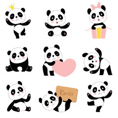 Cute baby pandas. Toy animals chinese symbols panda bear adorable funny baby mascot vector characters collection in cartoon style. Illustration of panda bear, animal chinese nature © ONYXprj
