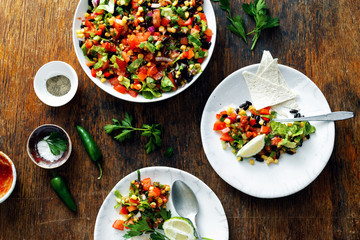 Mexican taco salad wooden table top view
