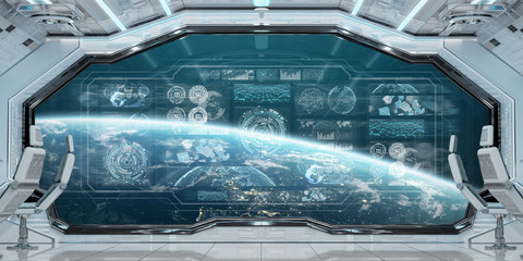 White spaceship interior with control panel digital screens 3D rendering © sdecoret