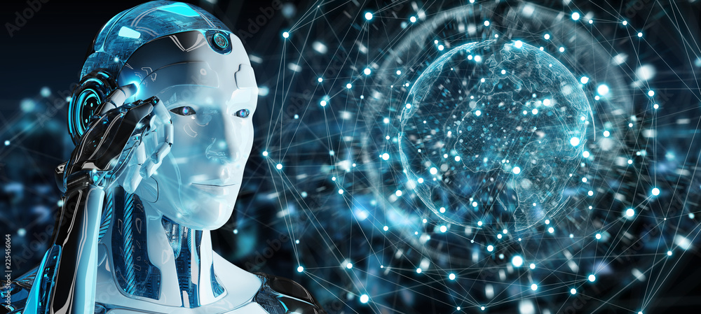 Fototapete white male robot using digital screen interface 3d rendering