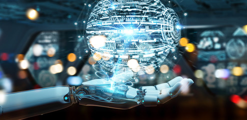 White robot hand using digital globe hud interface 3D rendering