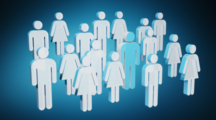 3D rendering group of people with blue man in middle