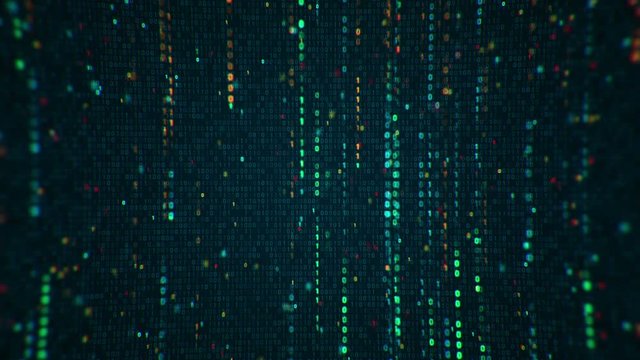 Abstract background with animation flickering binary digits and earth symbol rotation from binary digits. Animation of seamless loop. 