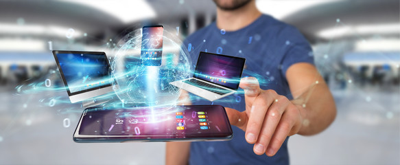 Modern devices connected in businessman hand 3D rendering