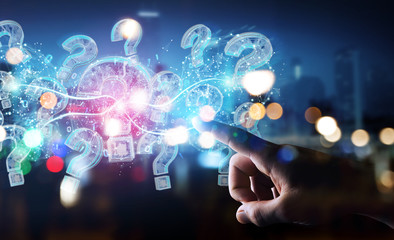 Businessman solving problem with digital question marks 3D rendering