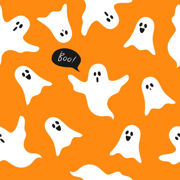 Halloween ghosts seamless pattern vector illustration, Boo! with cute cartoon ghosts on orange background.