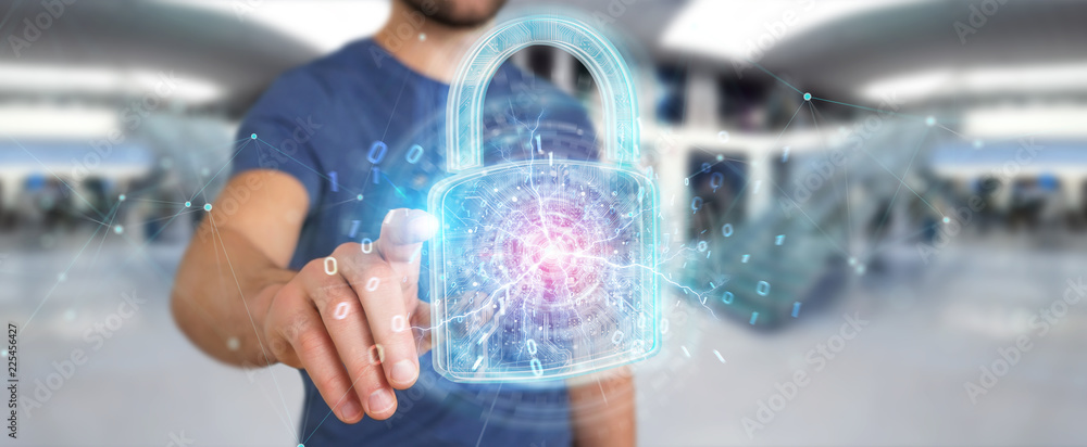 Poster web security protection interface used by businessman 3d rendering