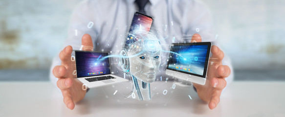 Businessman using white humanoid controlling modern devices 3D rendering