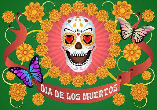 Dia de los Muertos, Day of the Dead, banner with vintage ribbon and the text, scull, flowers and color butterflies. Green background. Vector illustration.