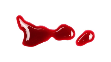 Red wine puddle, droplets isolated on white background, clipping path, top view