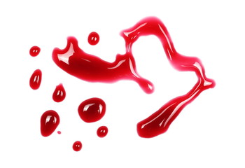 Red wine puddle, droplets isolated on white background, clipping path, top view