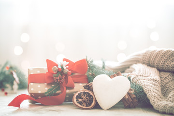 festive background with heart and gift, christmas and holiday concept