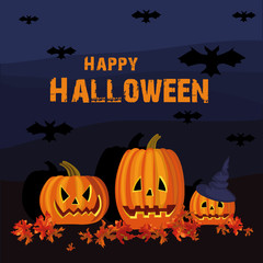 Happy Halloween. Hand drawn vector illustration. Pumpkins and bats on dark background. 