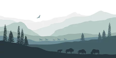 Foto op Plexiglas Black silhouette of mountain landscape. American bison. Natural panorama of forest animals. Isolated western scenery. Wildlife scene © shaineast