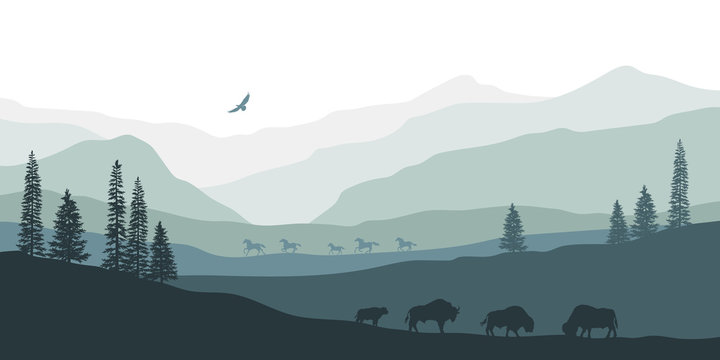 Black silhouette of mountain landscape. American bison. Natural panorama of forest animals. Isolated western scenery. Wildlife scene
