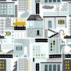 Childish seamless pattern with old and modern buildings, roads, transport, abstract shapes and textures. Good for kids fabric, textile, nursery wallpaper. Seamless city landscape. Winter. © bukhavets