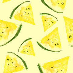 Seamless watercolor pattern with a piece of yellow Watermelon, vintage bright drawing of a topical fruit. Watercolor summer pattern of yellow watermelon