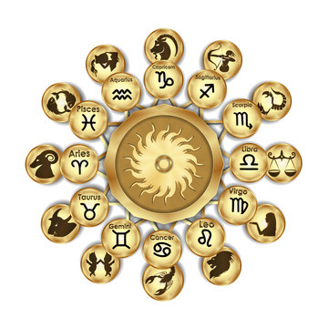 Zodiac signs designation and drawing, arranged in a circle, an isolated object on a white background.