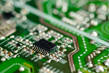 Green PCB close up microcircuit macro, Circuit board