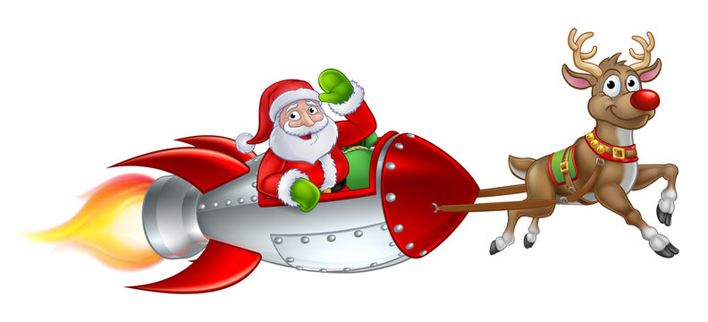 Santa Claus Christmas cartoon character riding in rocket ship sleigh pulled by a reindeer