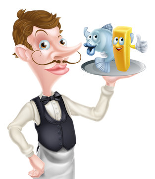 An Illustration of a Cartoon Waiter Holding Fish and Chips
