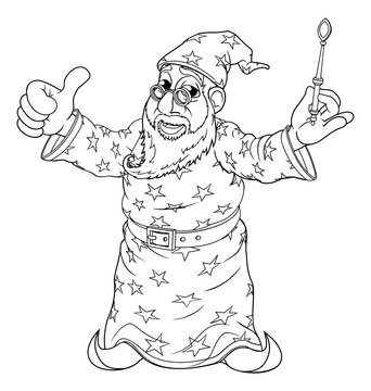 A cartoon wizard character holding a magic wand outline coloring drawing