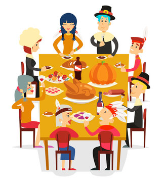 Thanksgiving family friends eat meal pie turkey pumpkin pilgrim indian costumes cartoon design vector illustration