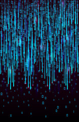 Vector abstract big data visualization. Blue flow of data as matrix code strings. Information code representation. Cryptographic analysis,  hacking. Bitcoin, blockchain transfer Stream of encoded data