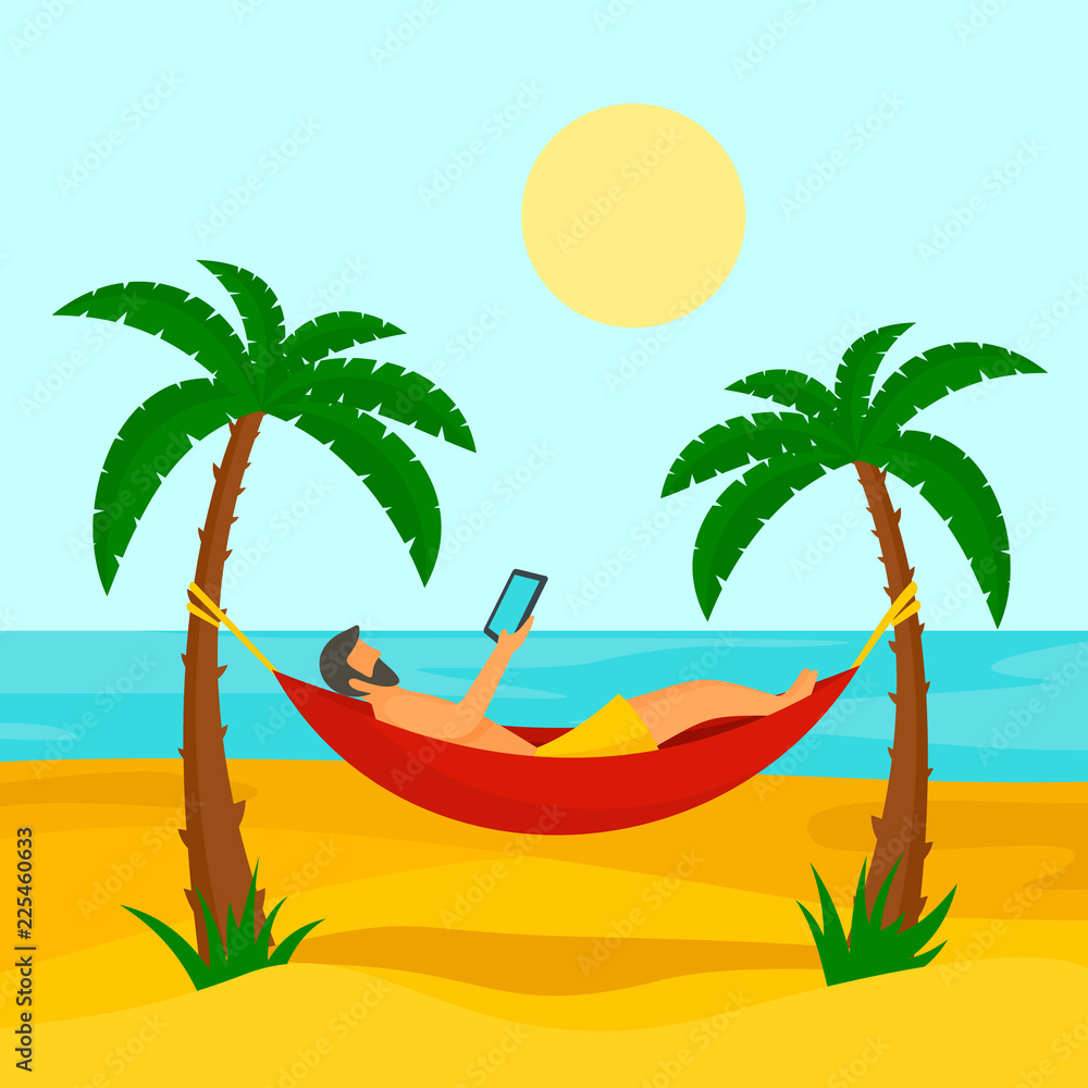 Poster man at beach hammock concept background. flat illustration of man at beach hammock vector concept ba