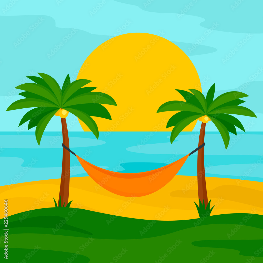 Poster hammock on the beach concept background. flat illustration of hammock on the beach vector concept ba