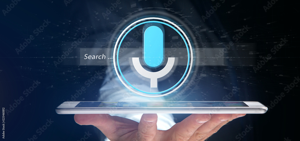 Poster businessman holding a vocal search system with button and icon3d rendering