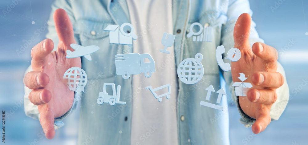 Poster businessman holding a logistic organisation with icon and connection 3d rendering