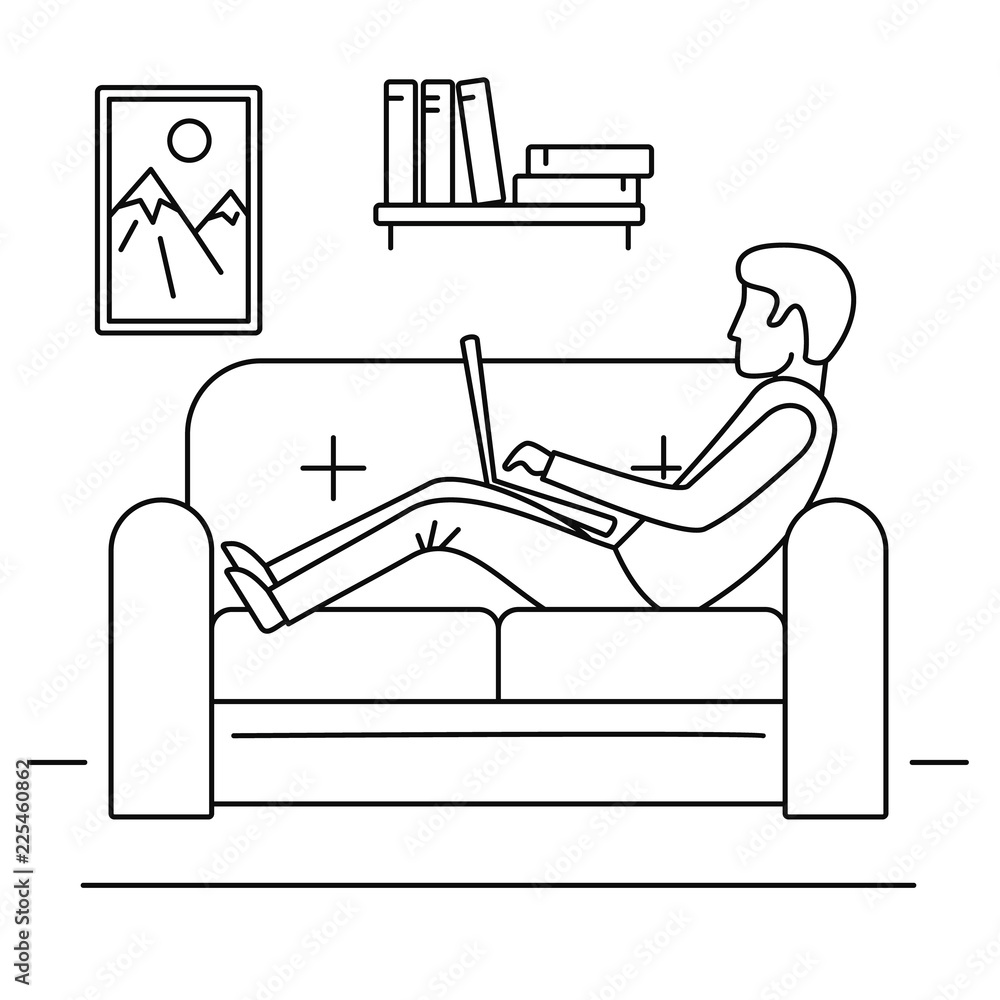 Poster man freelancer sofa concept background. outline man freelancer sofa vector concept background for we