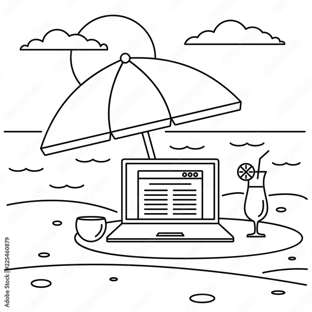 Poster freelancer notebook beach concept background. outline freelancer notebook beach vector concept backg