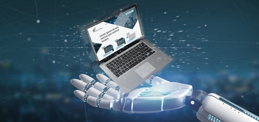 Cyborg hand holding a Laptop with business website template on the screen isolated on a background