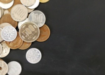 close up on Japanese Yen different type of coins on black background with copy space for own text.