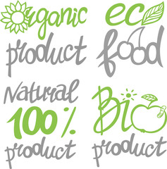 Natural product poster. Healthy, fresh, farm, eco food. Logo. Inspirational hand drawn lettering. Vector colorful illustration, isolated on white background, stamp
