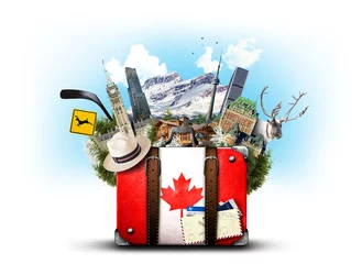 Fototapeten Kanada, Retro-Koffer mit Hut und kanadischen Attraktionen © Zarya Maxim