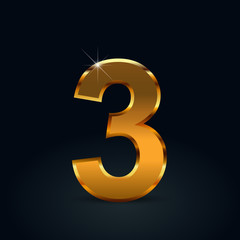 Dark gold vector number 3 isolated on black background