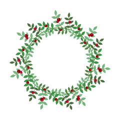 New Year and Christmas wreath flat design icon isolated on white background. Natural holiday wreath with red holly berries and leaves.