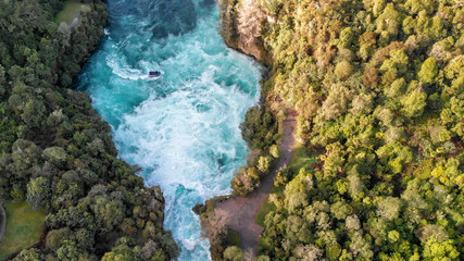 Aerial panoramic view of Huka Falls in Taupo, New Zealand