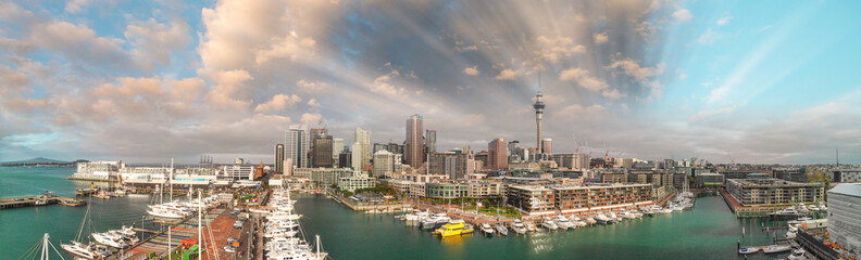 Panoramic aerial view of Auckland from helicopter, New Zealand