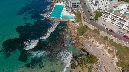 Overhead aerial view of Bondi Beach on a sunny day, Australia