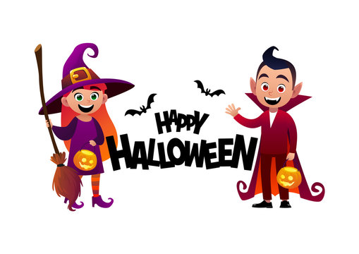 Cartoon children witch and vampire costume Happy Halloween