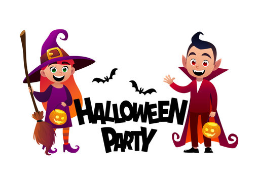 Cartoon children witch and vampire costume Halloween Party background