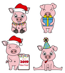 set cartoon pigs celebrating christmas and chinese new year